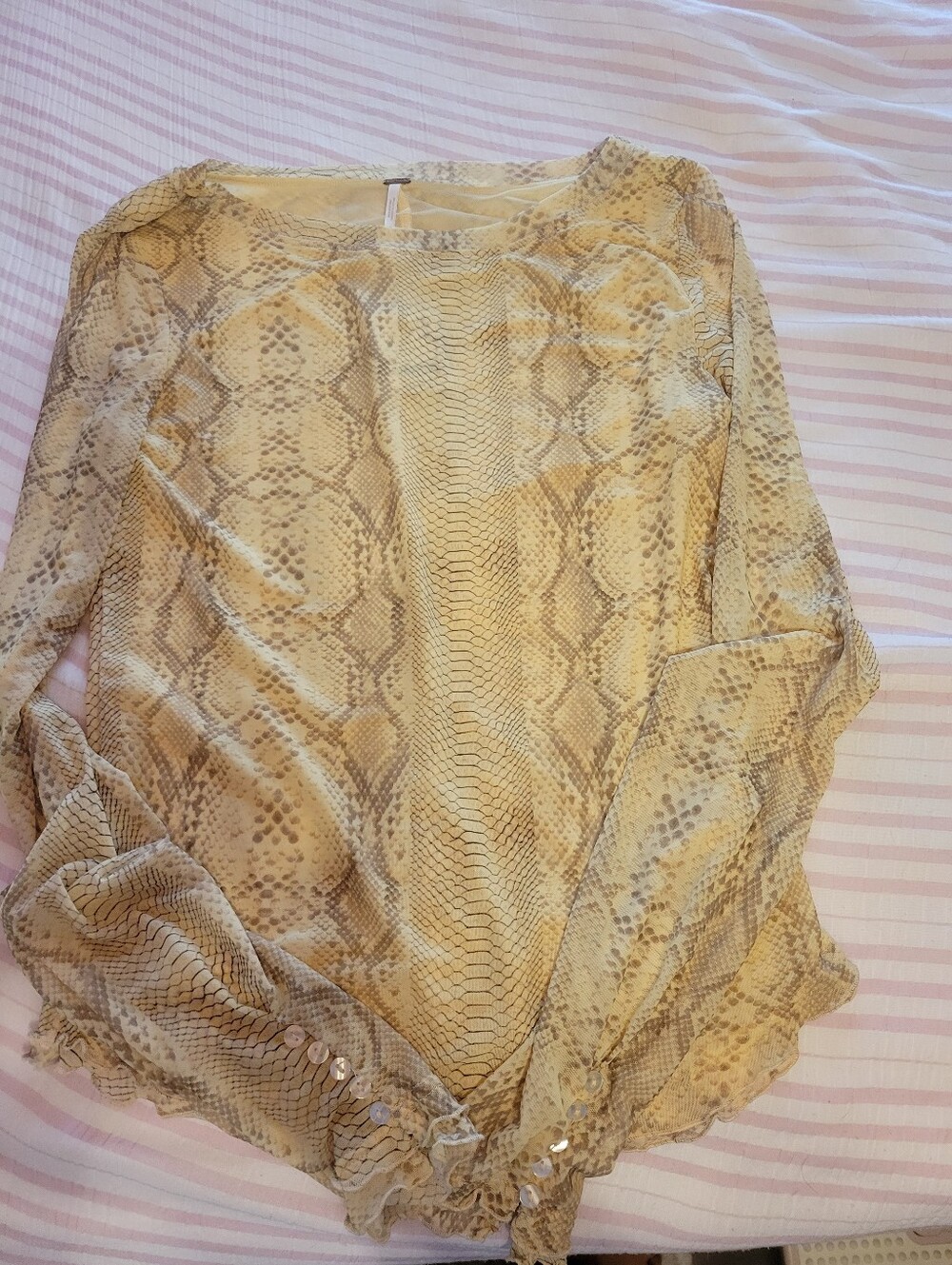 Free People Snake-Print Mesh Long Sleeve Blouse in Beige